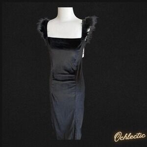 NWT Black velvet maxi dress with feather shoulders